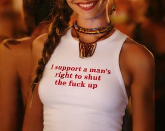 Ik steun het recht van een man om te zwijgen tanktop, grappige feministische racerback-tanktop, sarcastische grafische racerback-tanktop voor vrouwen