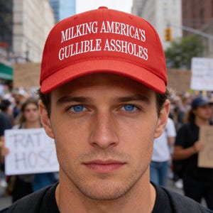 May include: A red baseball cap with white text that reads "MILKING AMERICA'S GULLIBLE ASSHOLES." The cap is worn by a person with blue eyes. The background shows a crowd of people.