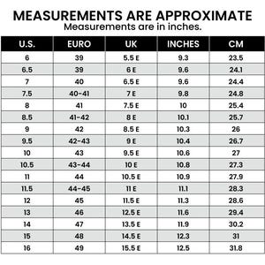 以下が含まれることがあります： 靴のサイズ換算表。米国、ユーロ、英国、インチ、cmのサイズが表示されています。上部のテキストは「MEASUREMENTS ARE APPROXIMATE」と「Measurements are in inches.」です。