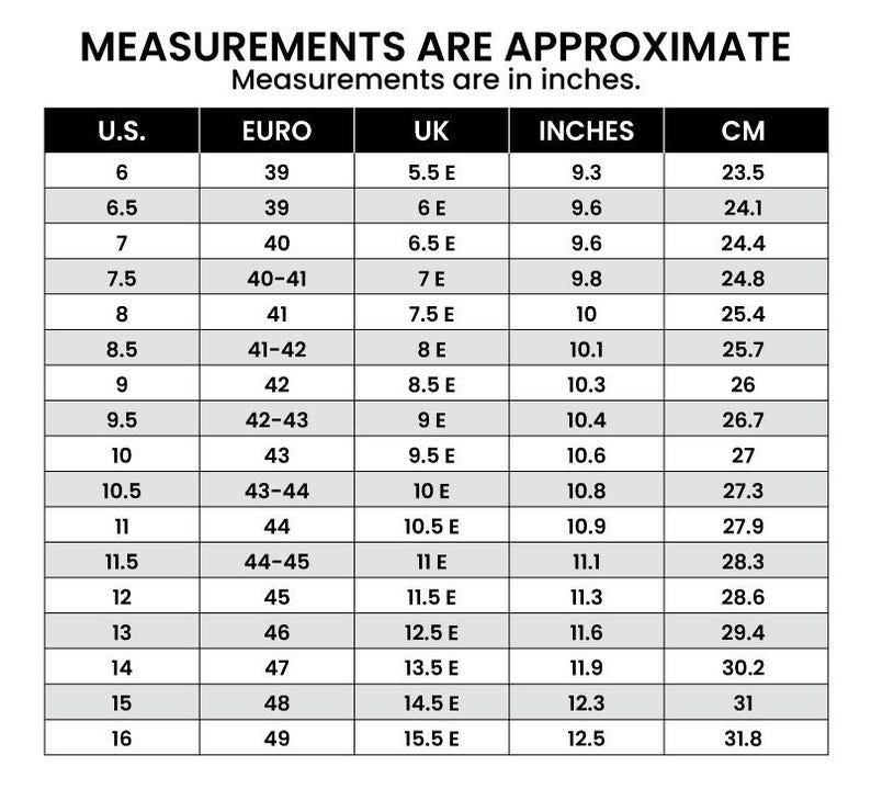 以下が含まれることがあります： 靴のサイズ換算表。米国、ユーロ、英国、インチ、cmのサイズが表示されています。上部のテキストは「MEASUREMENTS ARE APPROXIMATE」と「Measurements are in inches.」です。