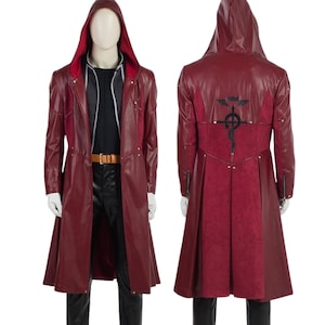 Edward Elric Red Hooded Leather Coat | Fullmetal Alchemist Cosplay Jacket | Anime Halloween Costume | Gothic Steampunk Trench