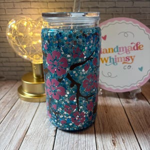 Cherry Blossom Snow Globe Tumbler | Floral Glitter Cup | Sparkly Drinkware