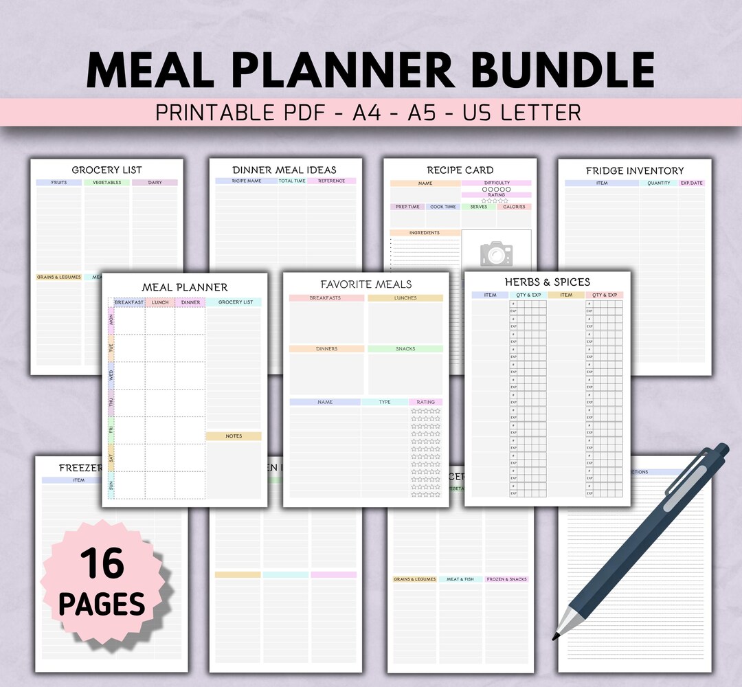 Meal Planner Bundle Printable: Meal Plan Template, Food Prep Menu ...