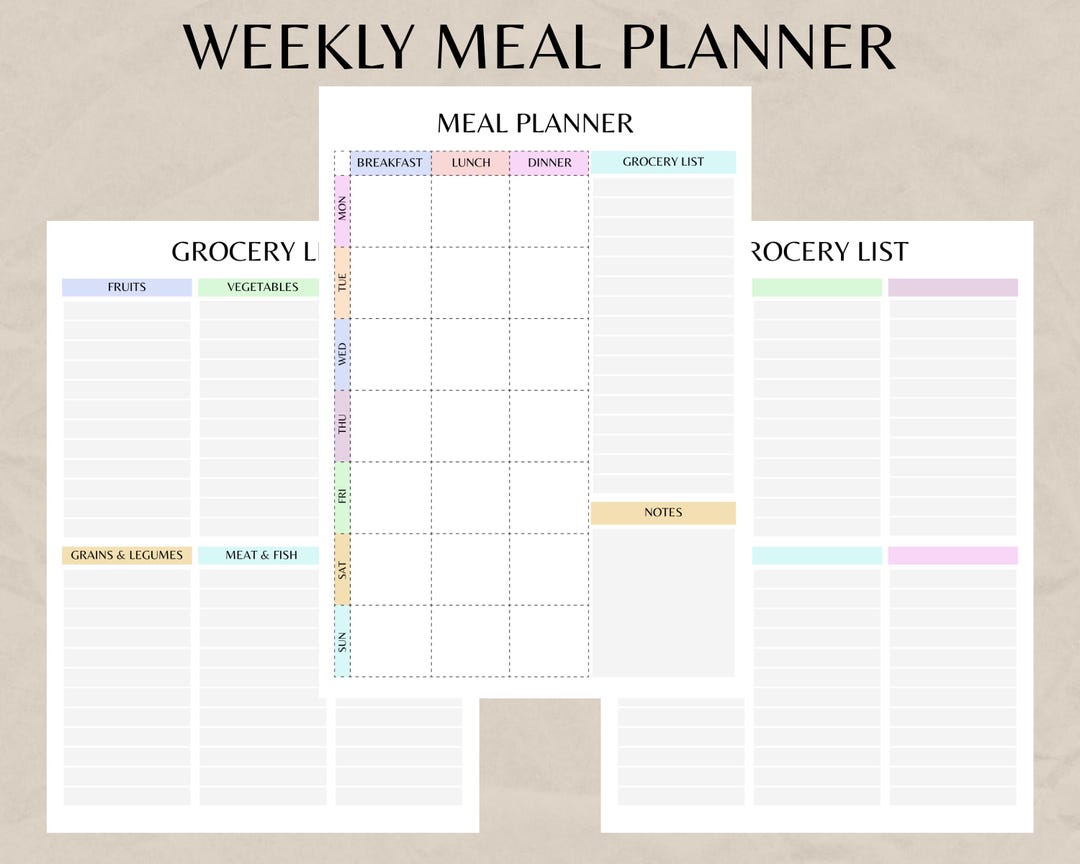 Weekly Meal Planner Printable: Grocery List, Food Prep Menu Organizer ...