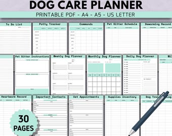 Può includere: Un pianificatore stampabile per la cura del cane con 30 pagine. Il pianificatore include sezioni per liste di cose da fare, monitoraggio della toilette, comandi, orari dei pet sitter e altro. Una penna è inclusa.