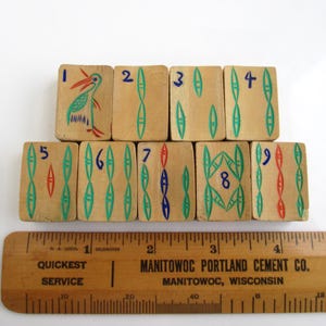 9 Mah Jong Tiles - Vintage / Antique Bamboo Ma Jiang / Mahjong Stick / Bam Tiles (Thicker)