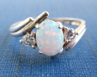 Sterling Silver Opal & Colorless Stone Ring - Vintage, Size 10 (Unpolished)