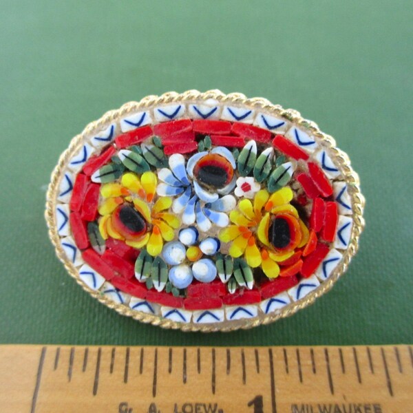 Vintage Micro Mosaic Pin - Oval Floral Design, Glass Italy Micromosaic Brooch in Gold Tone Setting