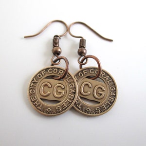 Coral Gables Transit Token Pierced Earrings - Repurposed Vintage Dangling Coins (Choose Solid Bronze or Silver Tone)