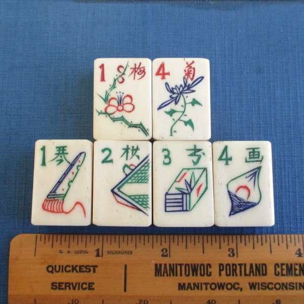 6 Mah Jong Specialty Tiles - Vintage / Antique Bone & Bamboo Ma Jiang Mahjong Tiles with Dove Tail Joints