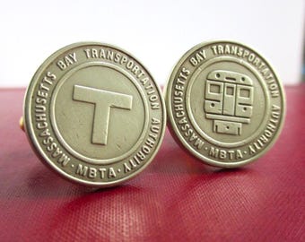 BOSTON T Token Cuff Links - Repurposed Vintage Gold Tone MBTA Coins (Front & Back)