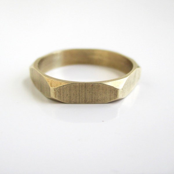 6 Sided Solid Brass Band Ring - Vintage Gold Tone Hexagon Ring, Size 6.5 (Surface Scratches / Darkness)