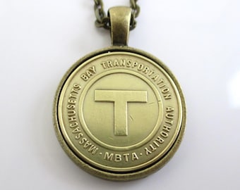 Boston "T" Transit Token Pendant Necklace - Repurposed Vintage Gold Tone Coin