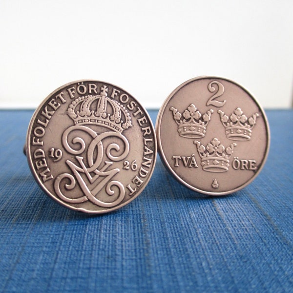 SWEDEN Coin Cuff Links - Repurposed Vintage / Antique 1920's 2 Ore Solid Bronze Coins