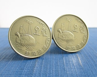 South Korea Cuff Links - Repurposed Republic of Korea Vintage 5 Won Coins (Nice Imagery)