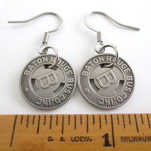 BATON ROUGE Transit Token Pierced Earrings - Repurposed Vintage 1950&#39;s Silver Tone Dangling Coins