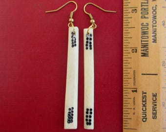 Mah Jong Counting Sticks Dangle Earrings - Repurposed Vintage / Antique Bone Ma Jiang Betting Sticks with Solid Brass Hardware