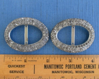 2 Antique Shoe Buckles w/ Rhinestones - Vintage Matching Pair (Marked Silverite F.&Co.) 2" X 1 1/2"