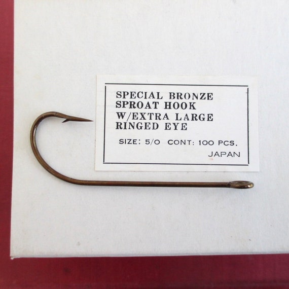 100 Size 5/0 Fish Hooks Vintage, Extra Large 2 3/8 Length Special Bronze  Sproat Hooks W/ Ringed Eye Unused in Box 