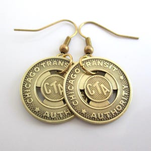 Chicago CTA Transit Token Pierced Earrings - Repurposed Vintage 1950&#39;s Gold Tone Coins - Dangling
