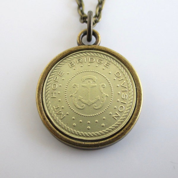 Mt. Hope Bridge Division, RI Token Pendant Necklace - Repurposed Vintage Gold Tone Coin