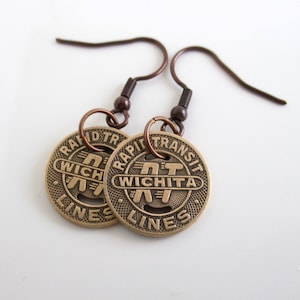 WICHITA Transit Token Pierced Earrings - Repurposed Vintage 1960&#39;s Solid Bronze Dangling Coins
