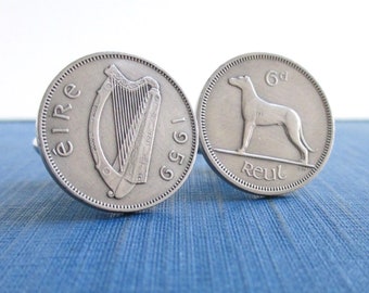 IRELAND Coin Cuff Links - Repurposed Vintage 1950's Eire Silver Tone 6d Irish Wolfhound Coins (Larger Size)