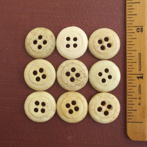 May include: A set of nine round, off-white buttons with four holes each, arranged in a three-by-three grid. The buttons feature varied natural textures and mottled patterns. A wooden ruler is positioned on the right, showing a scale in inches.
