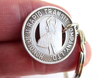 Honolulu Transit Token Keychain - Repurposed Vintage 1951 Hula Girl Coin Key Chain / Fob