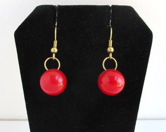 Red Bakelite Pierced Earrings w/ Solid Brass Hardware - Vintage, Spheres / Ball Earrings