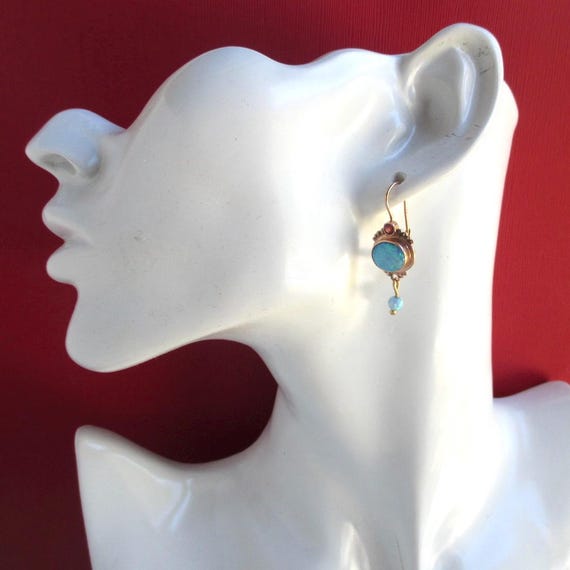 14K Solid Gold Opal Pierced Earrings - Vintage Ro… - image 7