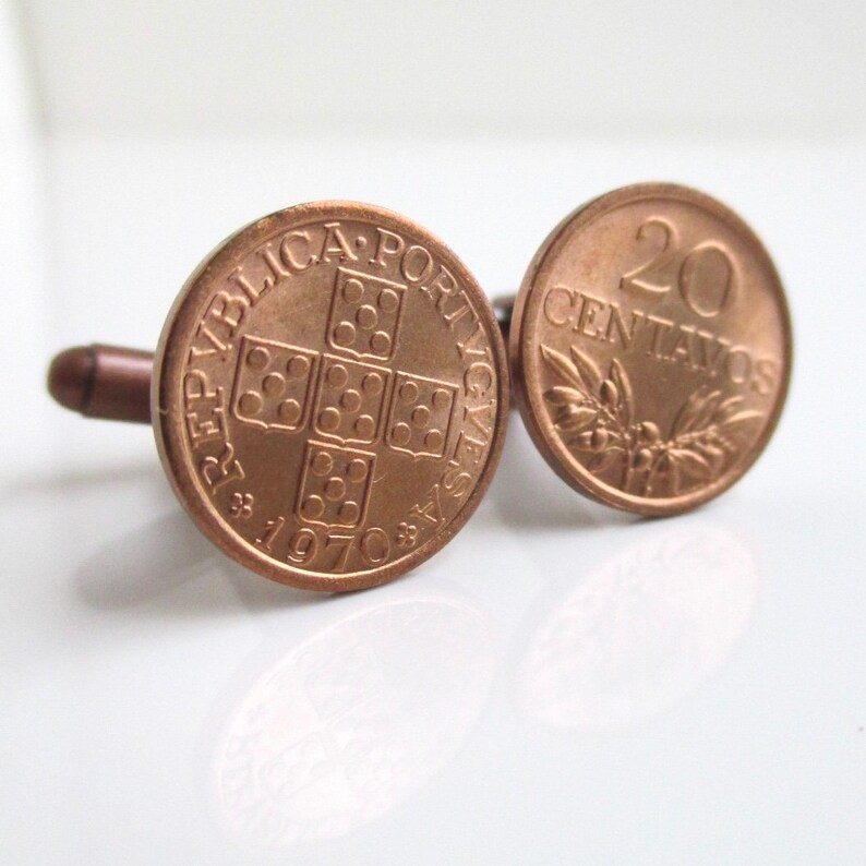 Repurposed Vintage Republica Portuguesa 20 Cenyavos Bronze Coins PORTUGAL Coin Cuff Links