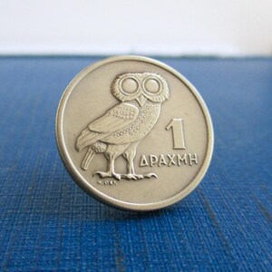 GREECE Coin Tie Tack / Lapel Pin - Repurposed Vintage Gold Tone Greek 1 Drachma Owl Coin