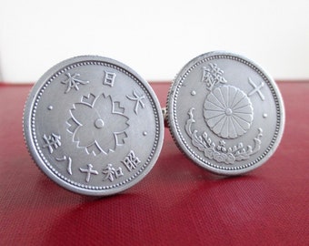 JAPAN Coin Cuff Links - Repurposed Vintage Japanese 10 Sen Silver Tone Coins (Front & Back)