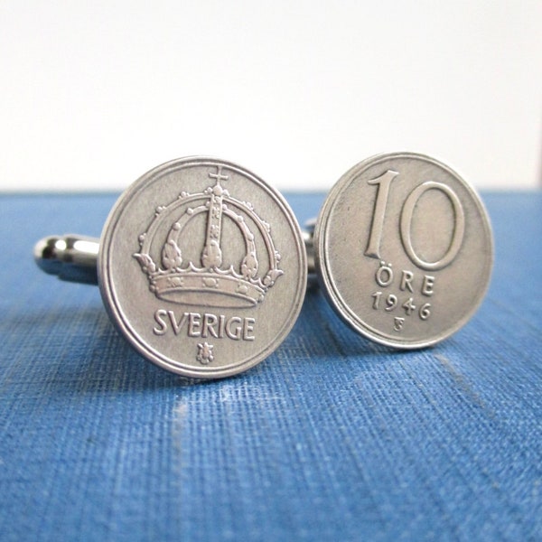 SWEDEN .400 Silver Coin Cuff Links - Repurposed 10 Ore Coins, 1940's Swedish Coins