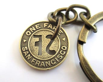 San Francisco Transit Token Keychain - Repurposed Vintage SF Municipal Railway Token / Gold Tone Coin Key Chain Fob