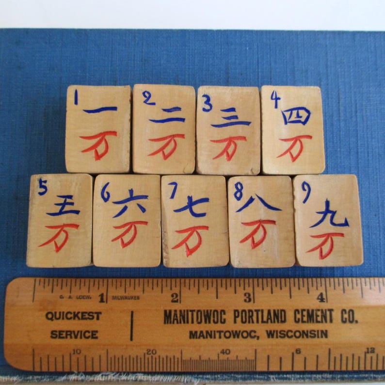 9 Mah Jong Tiles - Vintage / Antique Bamboo Ma Jiang / Mahjong Wan Chinese Character Tiles afbeelding 1