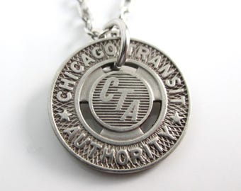 CHICAGO CTA Token Pendant Necklace - Repurposed Vintage Transit Token / Silver Tone Coin
