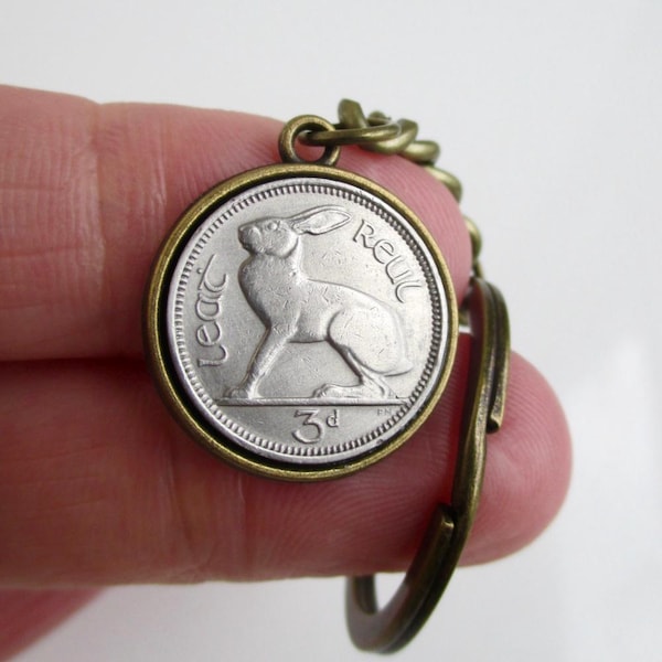 Irish Lucky Rabbit Coin Key Chain - Repurposed Vintage Eire Ireland 3p Silver Tone Coin Keychain / Fob (Gold Tone Setting)