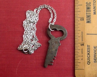 Antique HEART Shaped Flat Key Necklace - Vintage 1 3/4" Long Key w/ Silver Tone Chain
