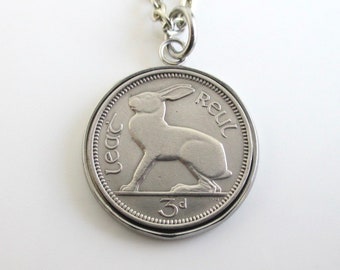 Irish Lucky Rabbit Coin Pendant Necklace - Repurposed Vintage Eire Ireland 3p Silver Tone Coin