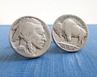 Indian Head / Buffalo Nickel Cuff Links - Repurposed Vintage USA Coins, Front & Back (Lightly Polished)