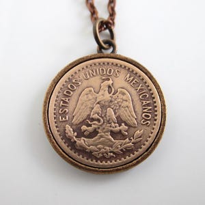 MEXICO Coin Pendant Necklace - Repurposed Vintage 1940&#39;s Mexican Solid Bronze Coin in Copper Tone Bezel