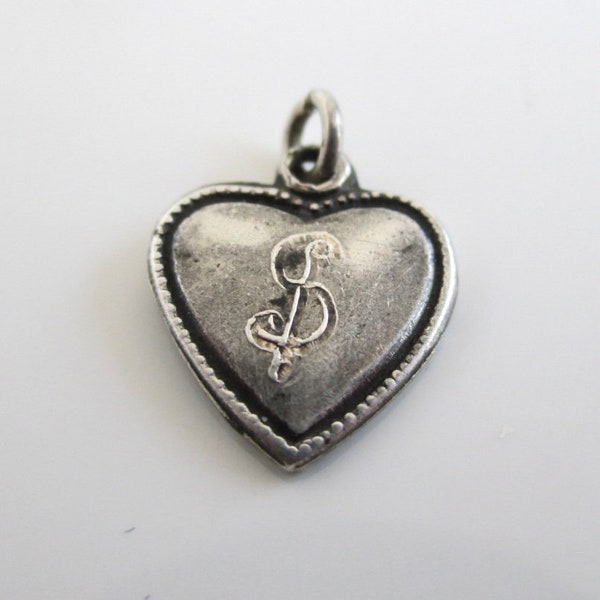 Sterling Silver Heart Charm w/ Engraved "S" or Dollar Sign - Vintage, Tiny 3/8" Wide (Unpolished)