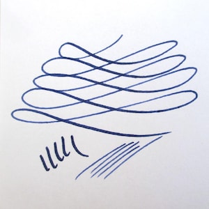 May include: Abstract illustration featuring dark blue ink strokes on a white background. The design includes looping lines, short vertical strokes, and parallel lines, creating a dynamic visual effect. The artwork showcases a contrast between the dark blue ink and the white paper.