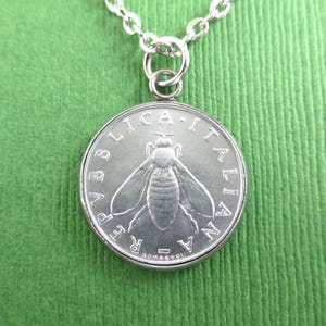ITALY Coin Pendant Necklace - Repurposed Vintage 1950's Italia 2 Lira Silver Tone Coin