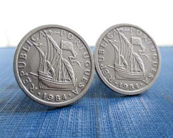 PORTUGAL Coin Cuff Links - Repurposed Vintage 1980's Portuguesa Silver Tone Coins
