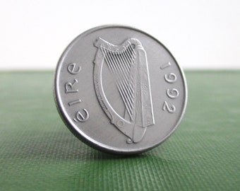 EIRE Ireland Coin Tie Tack / Lapel Pin - Repurposed Vintage Silver Tone Coin