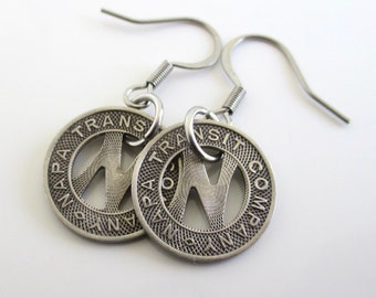 Napa, CA Transit Token Pierced Earrings - Repurposed Vintage 1950's Silver Tone Dangling Coins