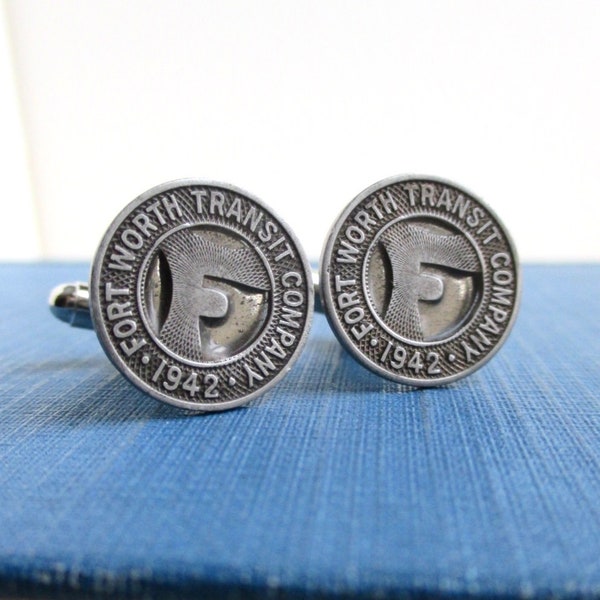 FORT WORTH 1942 Transit Token Cuff Links - Repurposed Vintage Silver Tone Coins